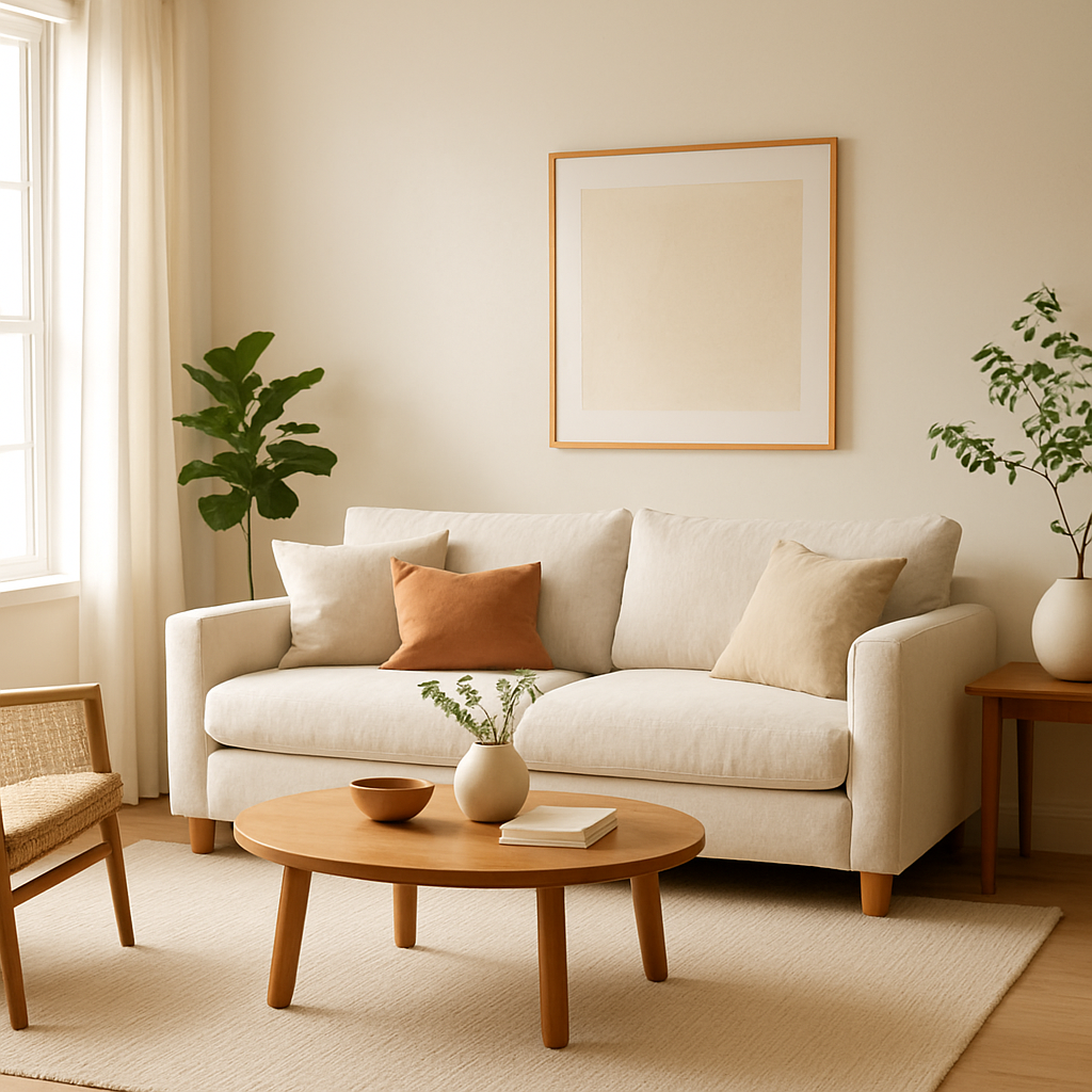 Bright, modern living room with warm minimal decor